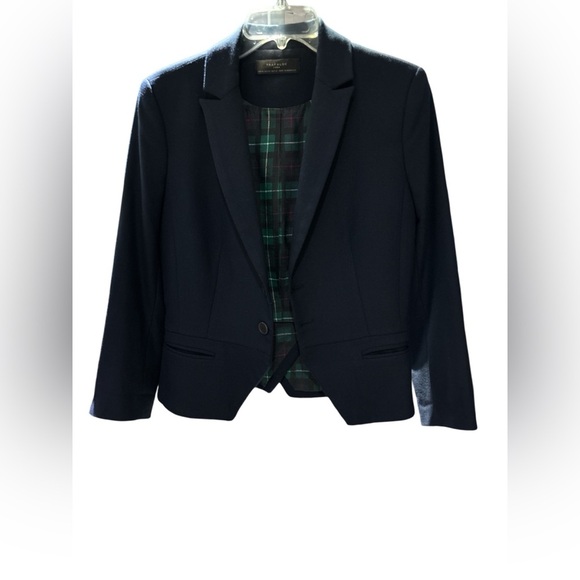 Elegant Navy Blazer with Plaid Lining - Picture 1 of 4